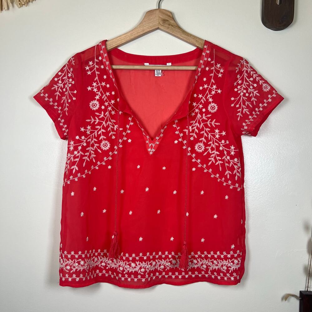 American Eagle XS Boho Coral Pink Sheer Embroidered Blouse
